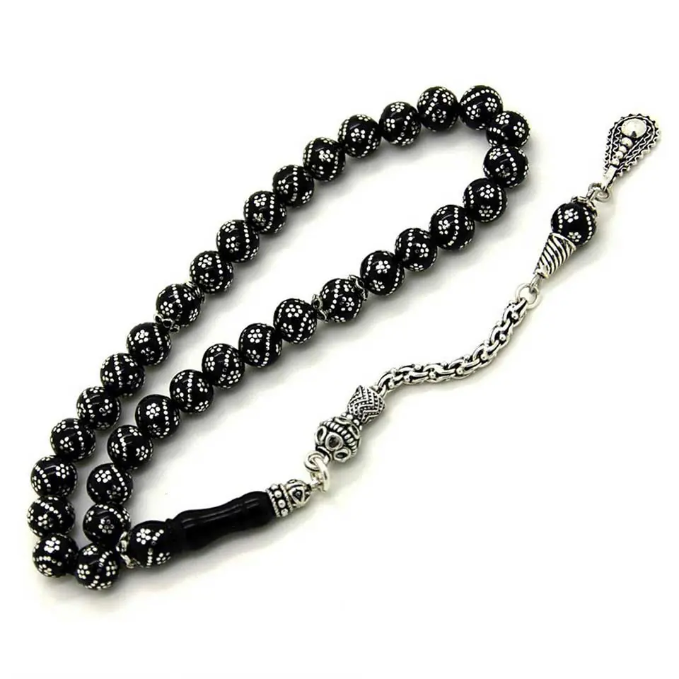 Silver Twist Engraved Erzurum Oltu Stone Prayer Beads