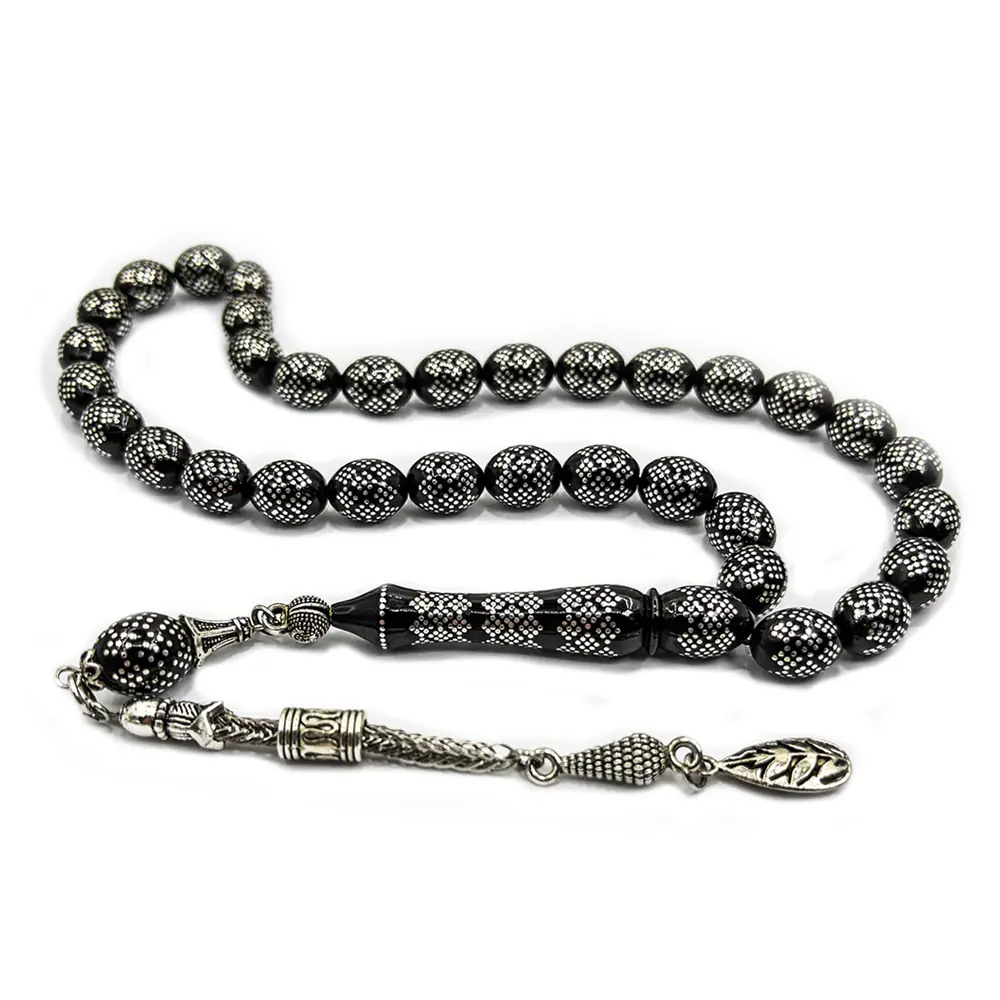 Silver Yoğun Baklava Engraved Erzurum Oltu Stone Prayer Beads