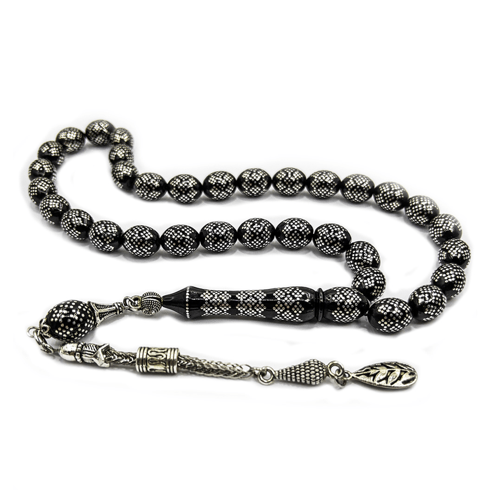 Silver Dense Diamond Embroidered Erzurum Oltu Stone Prayer Beads