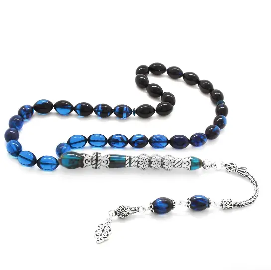 Silver Tasselled Nakkaş İmameli Blue Black Fire Amber Prayer Beads