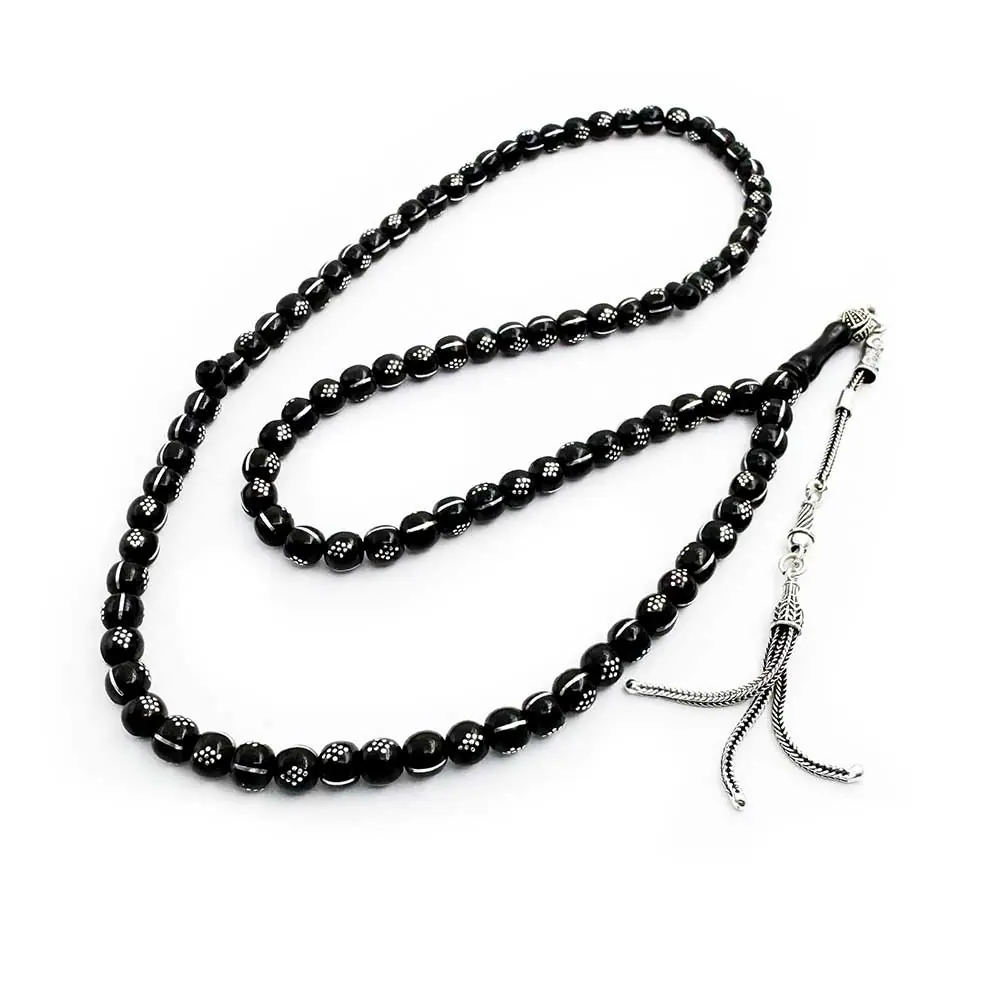 Silver Engraved Handcrafted Erzurum Oltu Stone 99 luk Namaz Prayer Beads