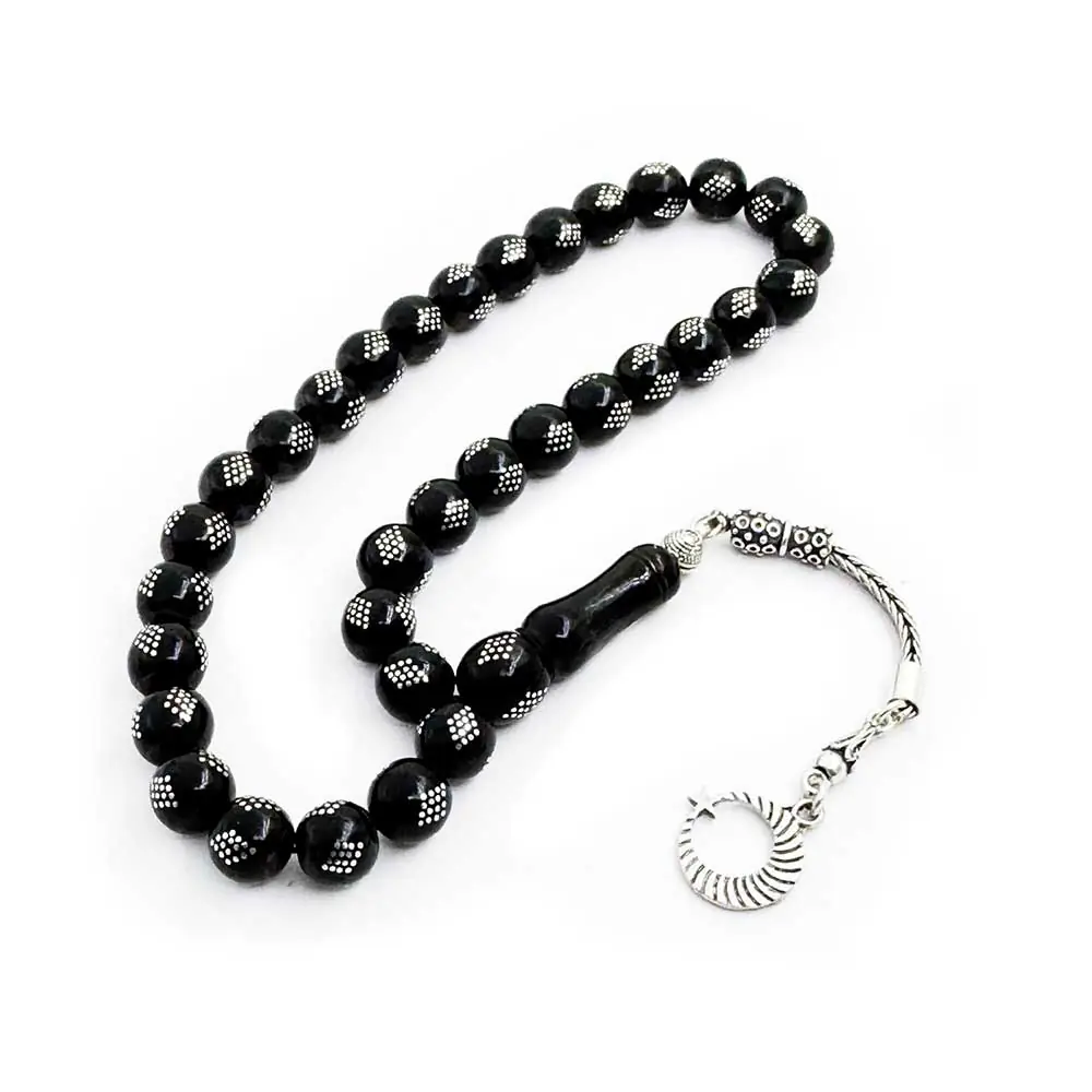 Silver Baklava Deseni Engraved Erzurum Oltu Stone Prayer Beads