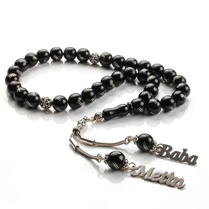 925 K Silver Tasselled Personalized Engraved Erzurum Oltu Stone Prayer Beads