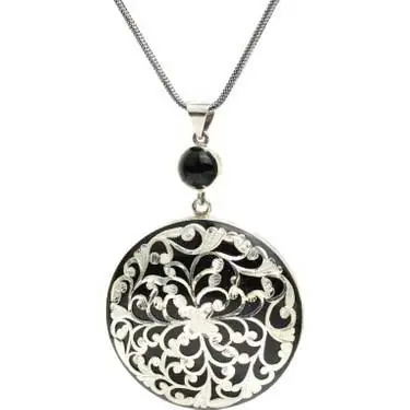 925 K Silver Engraved Oltu Stone Round Necklace