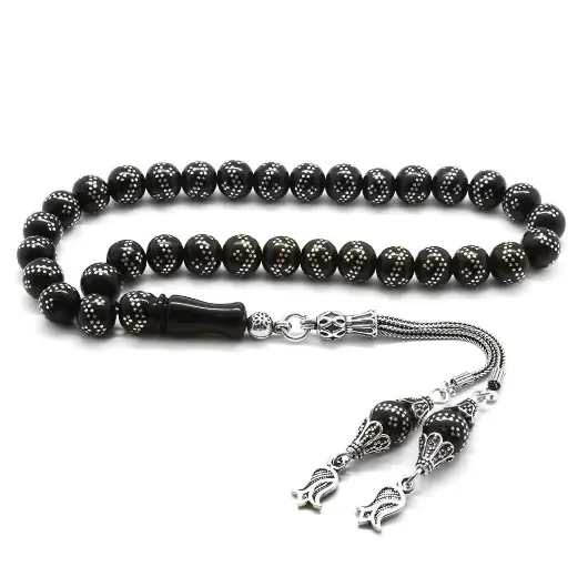 Silver Tulip Tasselled Silver Double Zik Zak Engraved Erzurum Oltu Stone Prayer Beads