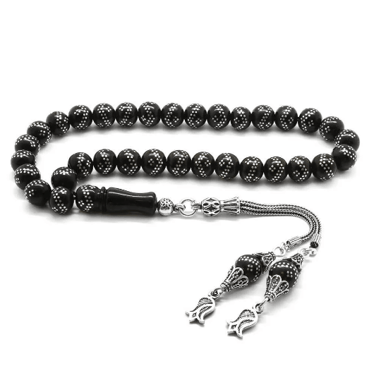 Silver Double Zig Zag Embroidered Oltu Stone Rosary with Silver Tulip Tassels