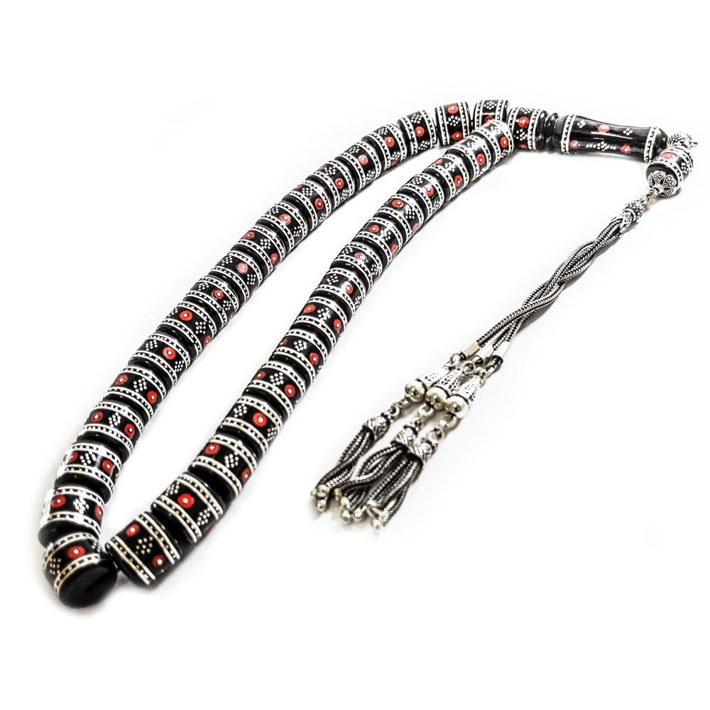 Silver Coral Embroidered Collectible Handcrafted Erzurum Oltu Stone Barrel Capsule Rosary