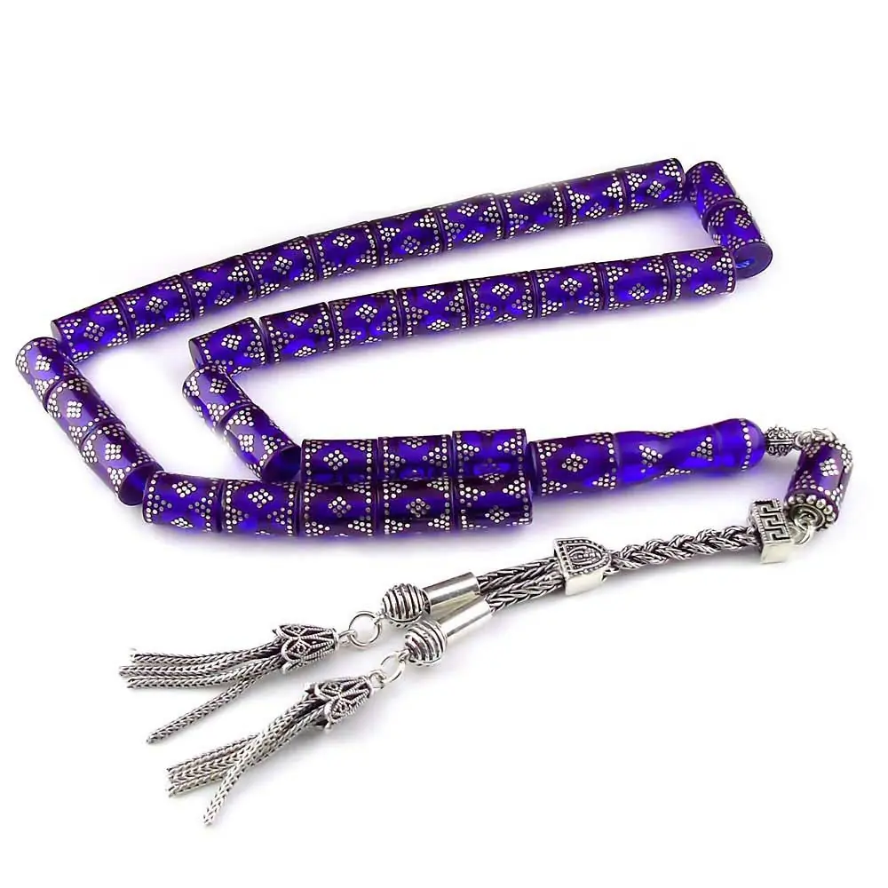 Silver Engraved Blue Fire Amber Kesme Prayer Beads
