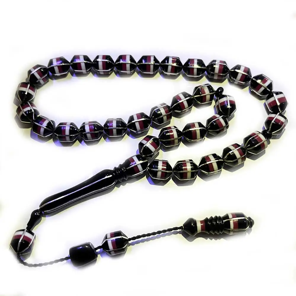Red White Enamel & Yarma Silver Engraved Tipped Capsule Cut Erzurum Oltu Stone Prayer Beads