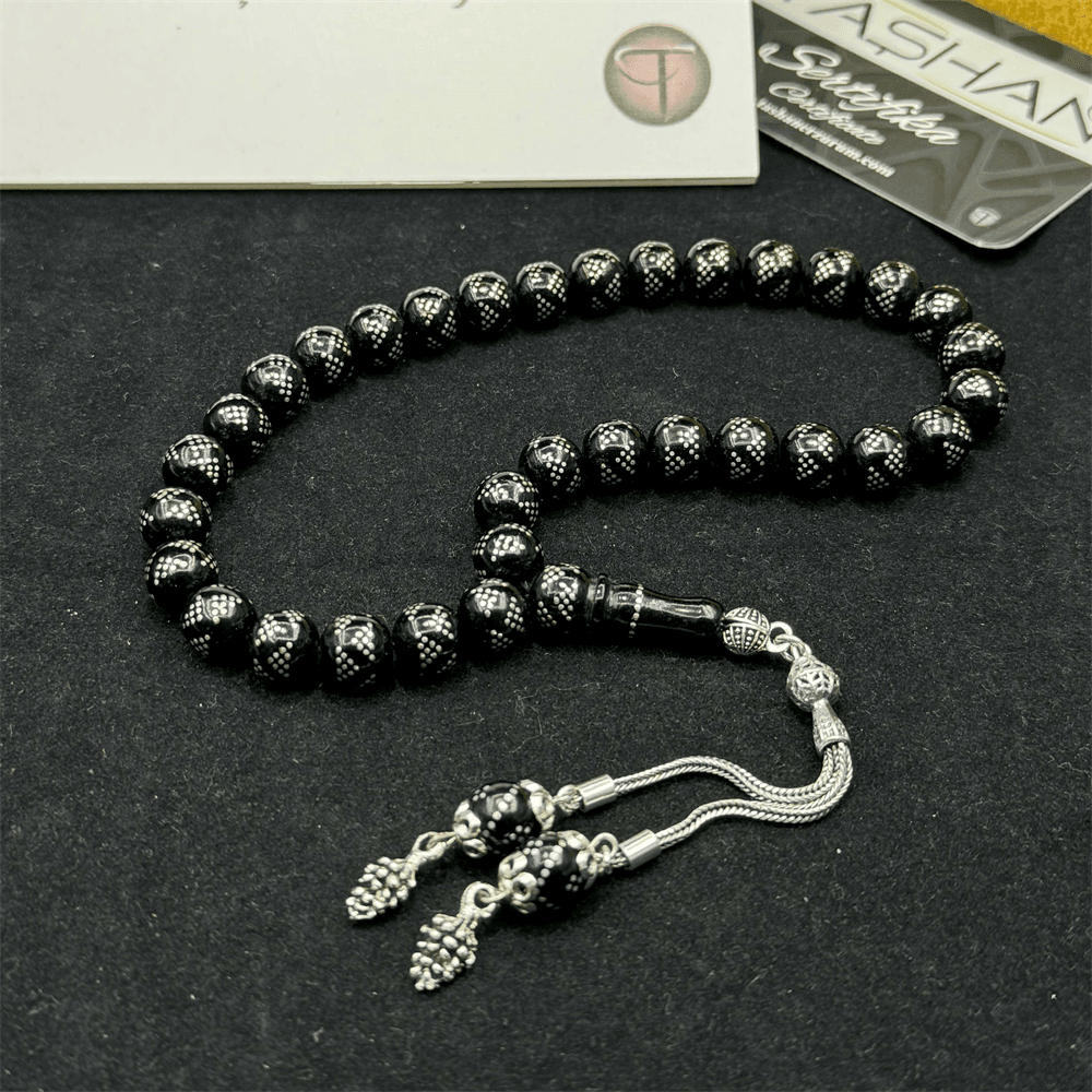 Silver Pyramid Embroidered Oltu Stone Rosary