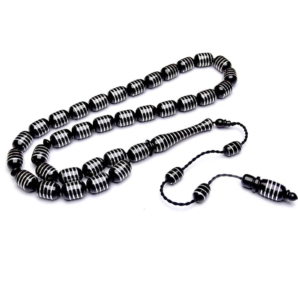 Silver Bow Embroidered Erzurum Oltu Stone Rosary