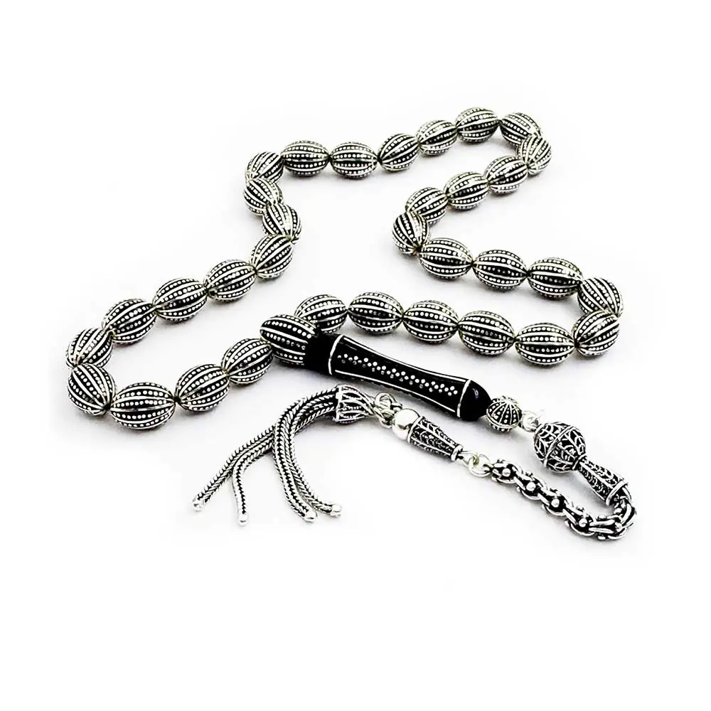 12 li Yarma & Inlay Silver Engraved Usta Craftsmanship Erzurum Oltu Stone Prayer Beads