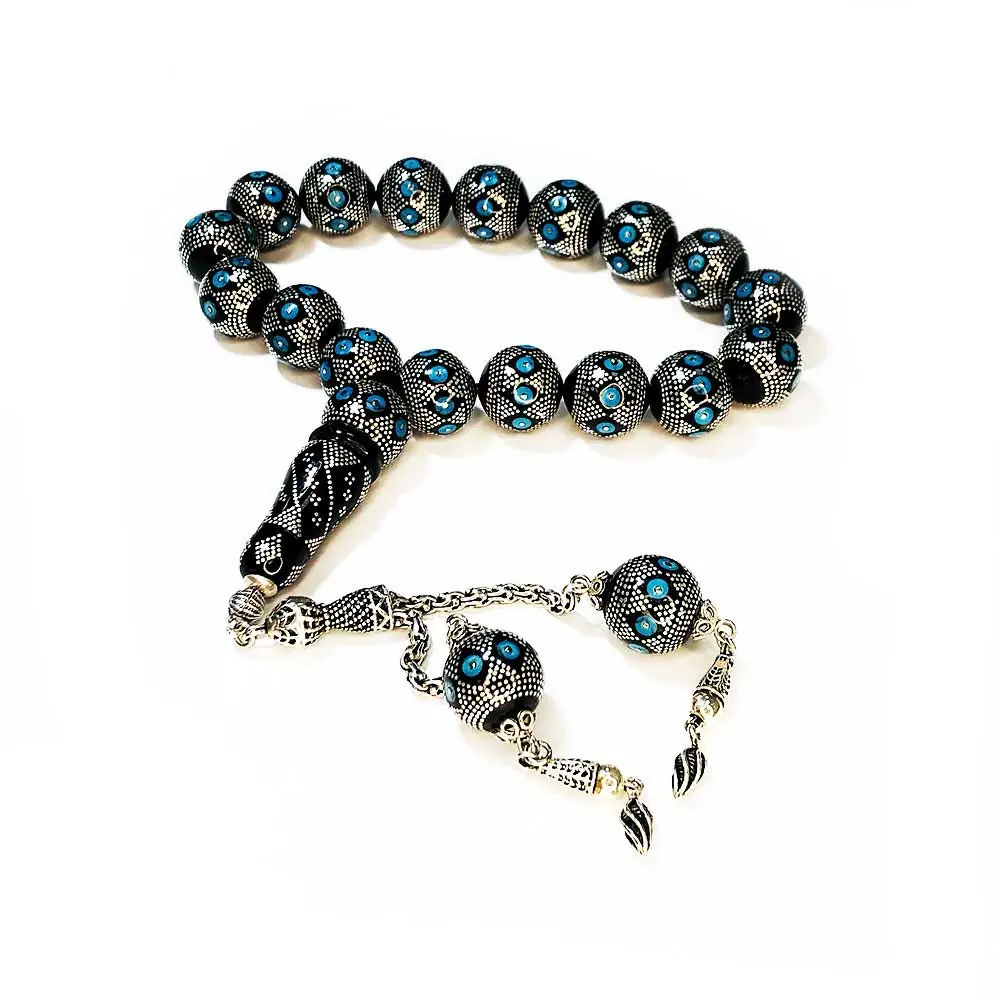 Silver Turquoise Engraved Koleksiyonluk 17 li Erzurum Oltu Stone Efe Stres Prayer Beads