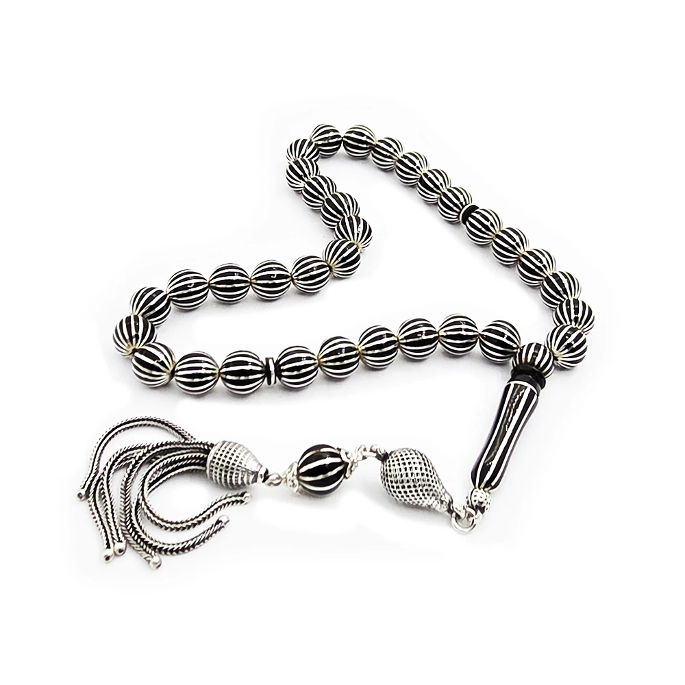 16 lı Gümüş Yarma İşlemeli Özel El İşçiliği Premium Erzurum Oltu Taşı Tesbih