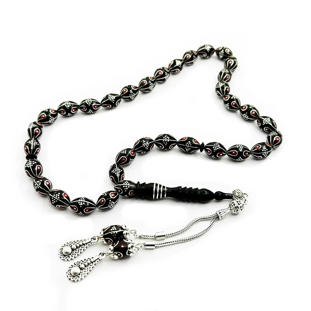 Special Design Silver Coral Engraved Orijinal Erzurum Oltu Stone Prayer Beads