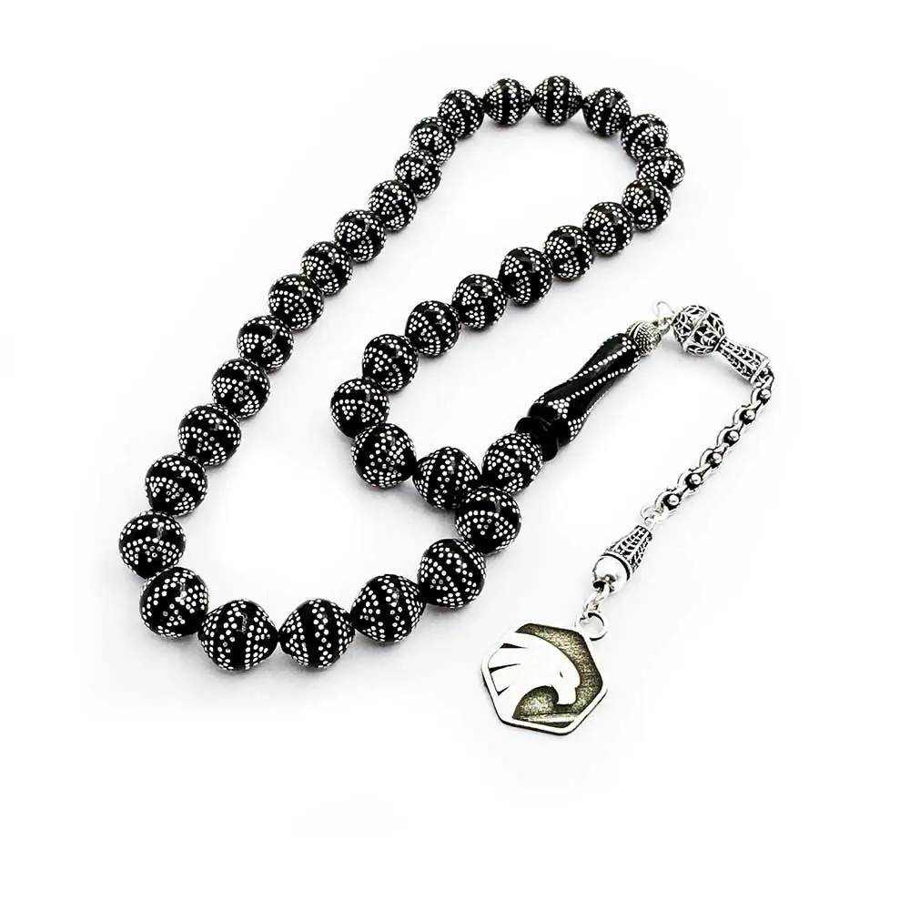 Silver Engraved Usta Craftsmanship Şalgam Cut Erzurum Oltu Stone Prayer Beads