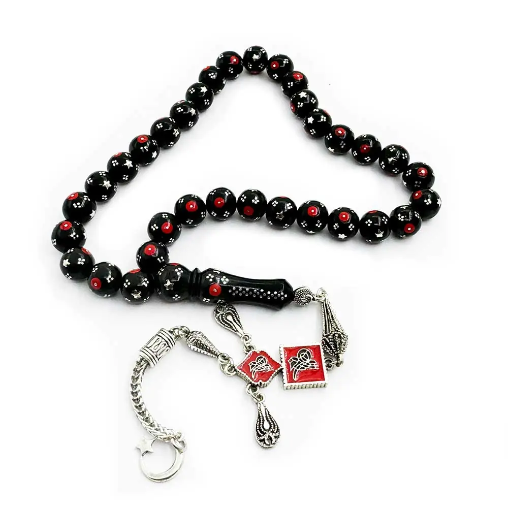 Silver Star & Coral Engraved Handcrafted Erzurum Oltu Stone Prayer Beads