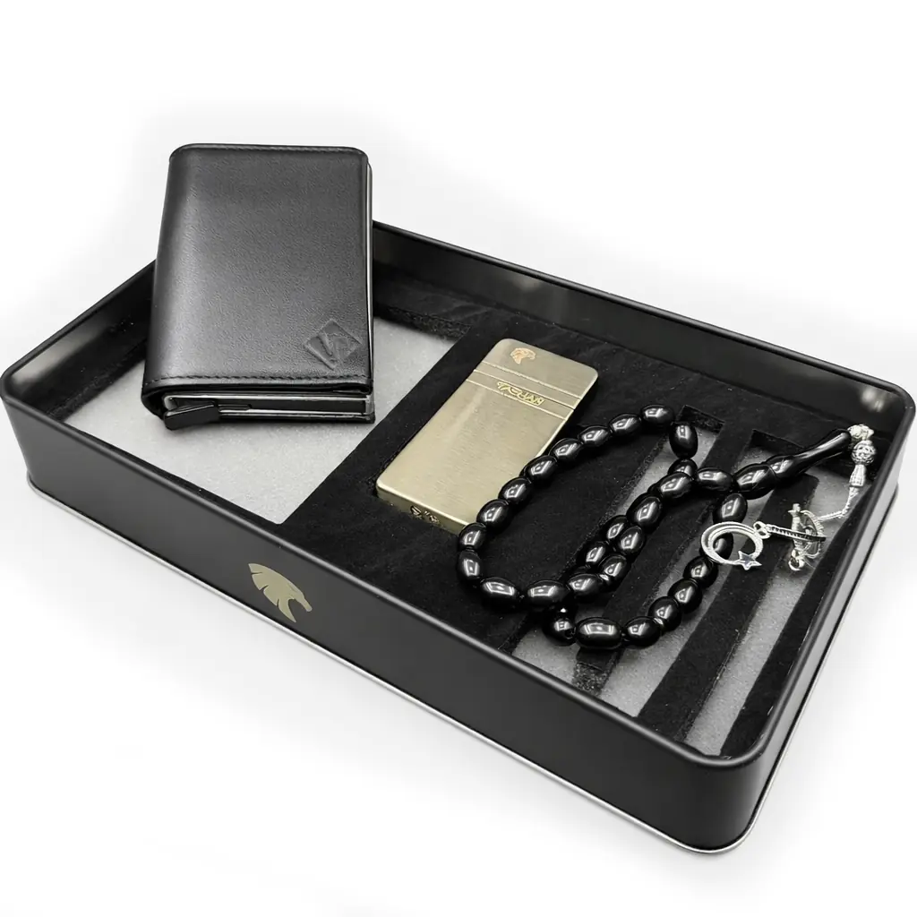 Plain Erzurum Oltu Stone Prayer Beads Wallet & Lighter Gift Set