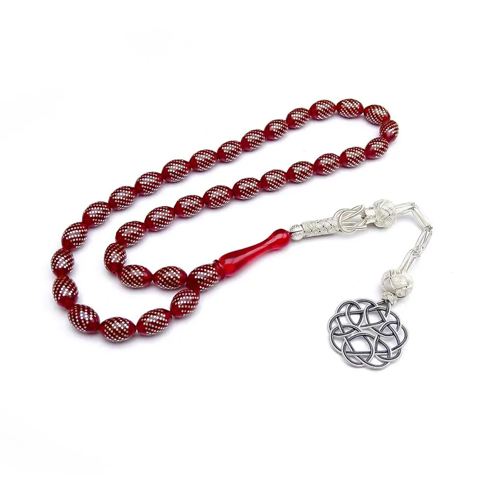 Silver Tasselled Çeşmi Bülbül Engraved Fire Amber Prayer Beads