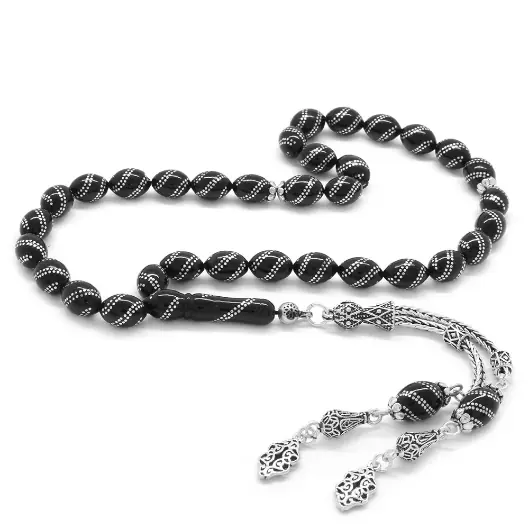 925 K Silver Double Tasselled Double Row Silver Spiral Engraved Arpa Cut Erzurum Oltu Stone Prayer Beads