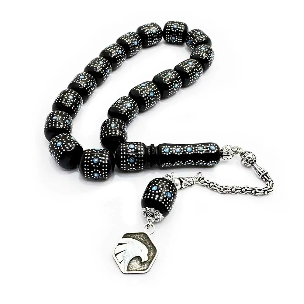 Silver & Turquoise Engraved Capsule Fıçı Cut Erzurum Oltu Stone 17 Li Efe stres Prayer Beads