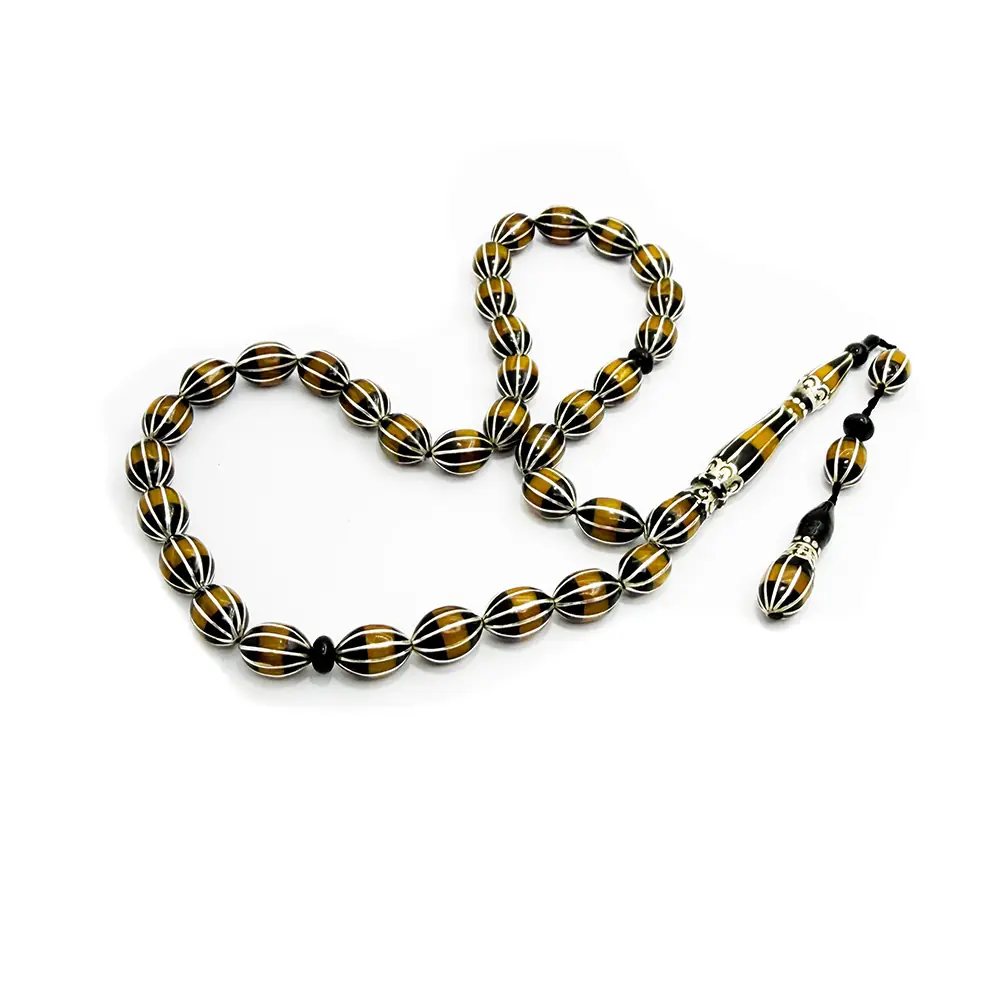 Silver 12 li Yarma & Yellow Amber Engraved Erzurum Oltu Stone Prayer Beads