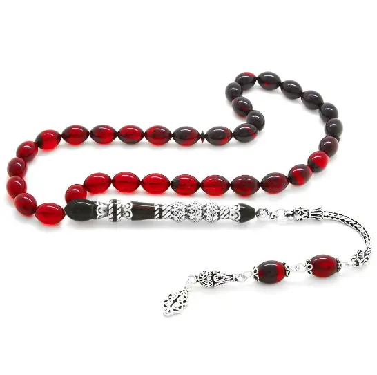 925 K Silver Tasselled Silver Three Şerefeli Nakkaş İmameli Süzme Red-Siyah Fire Amber Prayer Beads