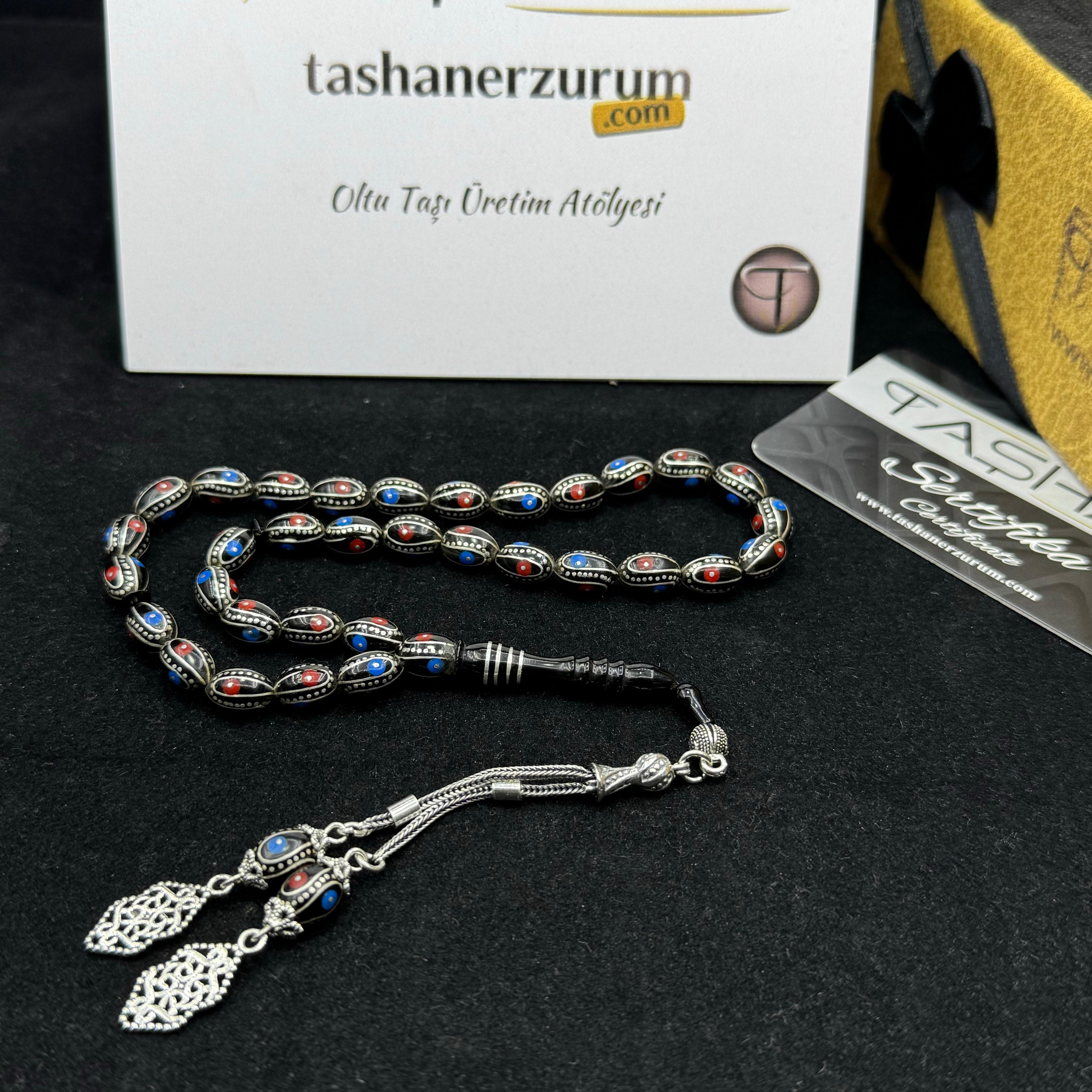 Tasbih aus 925er-Sterlingsilber mit Quasten, Silber-Türkis-Koralle, Gerstenschliff, Erzurum Oltu