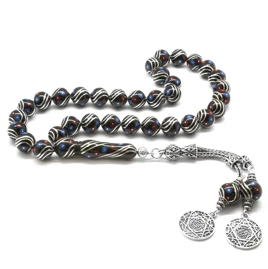 925 K Silver Tasselled Silver-Firuze-Mercan Engraved Erzurum Oltu Stone Prayer Beads
