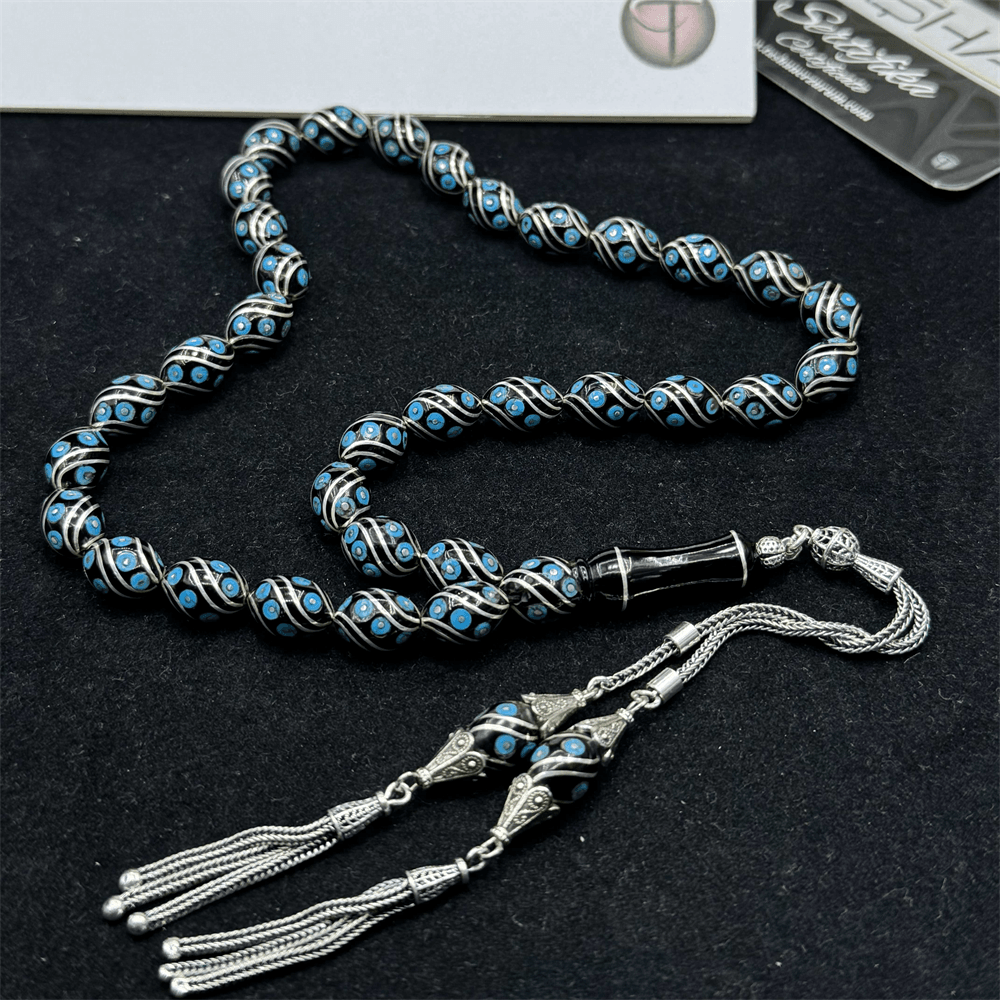 Silver Turquoise Embroidered Erzurum Oltu Stone Rosary