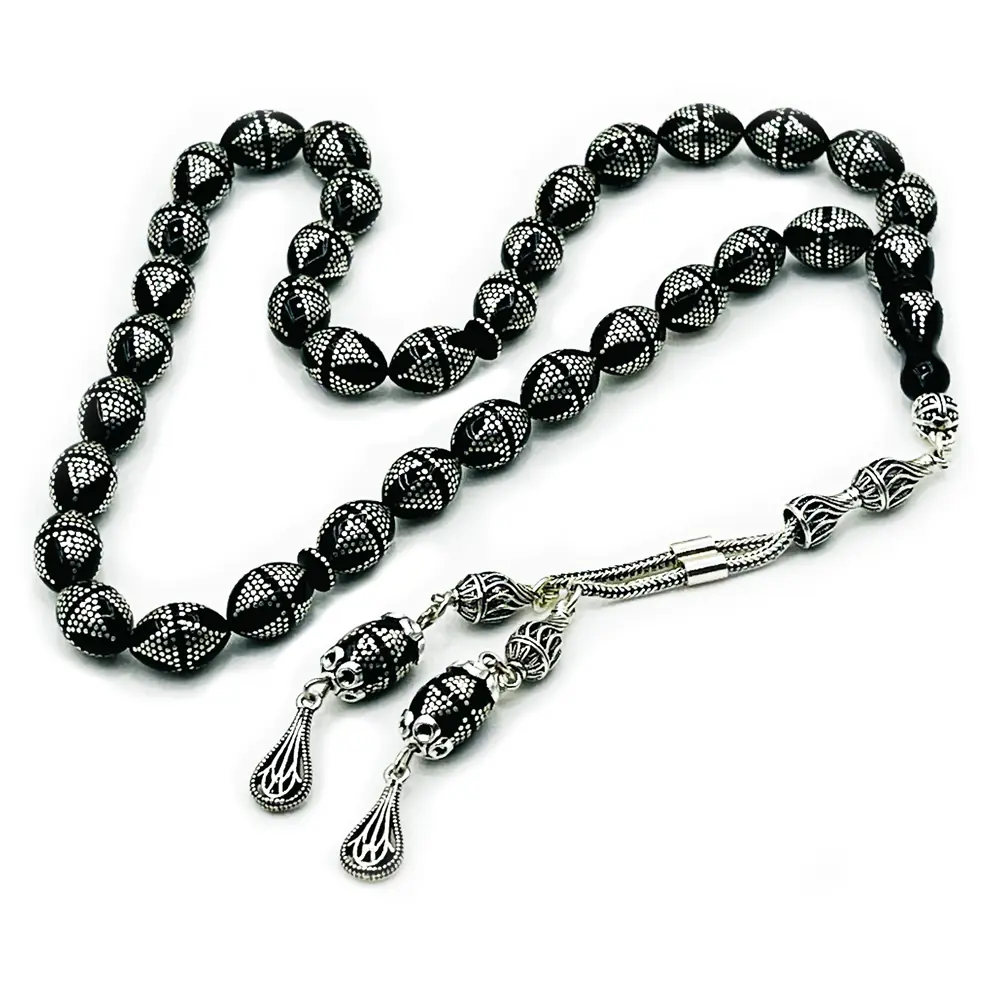 Silver Engraved Handcrafted Hakiki Erzurum Oltu Stone Prayer Beads