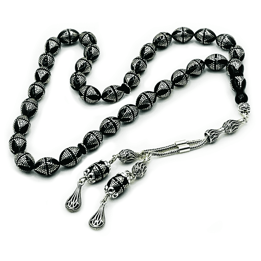 Silver Embroidered Handcrafted Genuine Erzurum Oltu Stone Prayer Beads