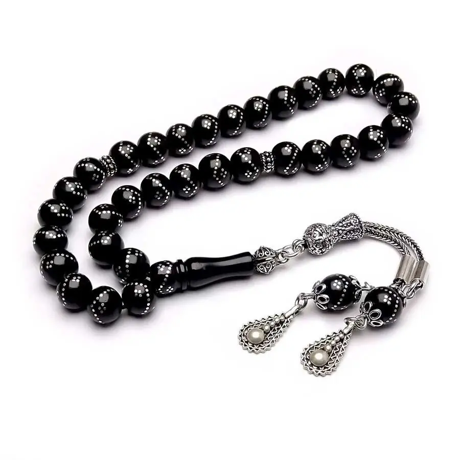 Silver Engraved Erzurum Oltu Stone Prayer Beads