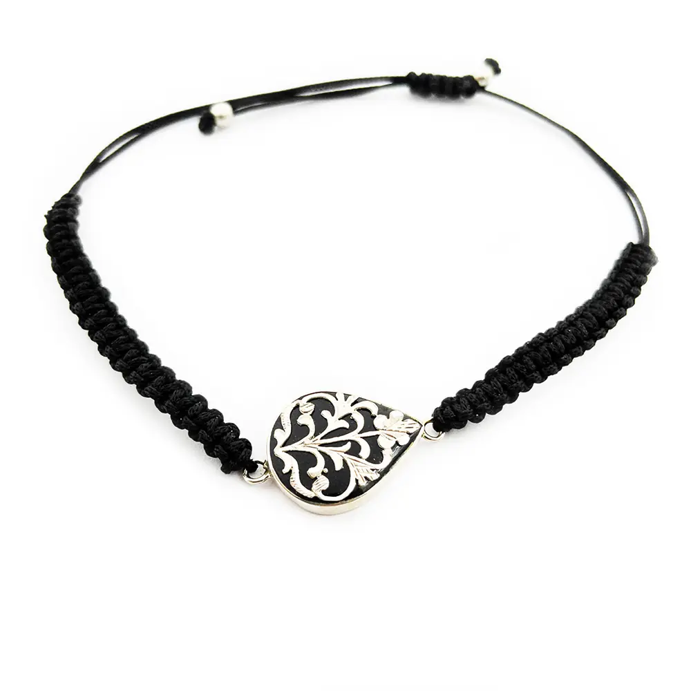 Silver Engraved Woven İpli Handcrafted Oltu Stone Bracelet