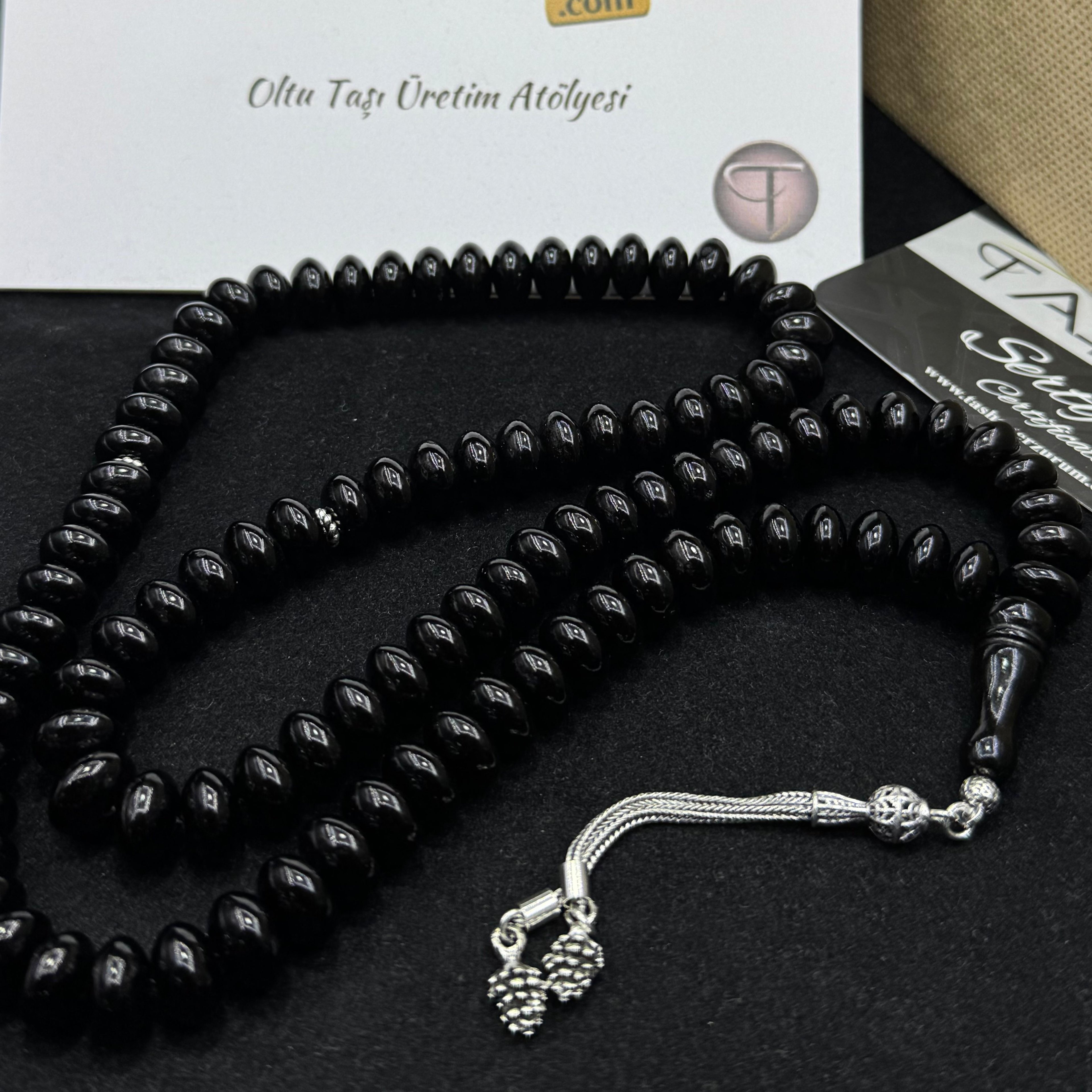 99' Erzurum Oltu Stone Rosary with Silver Tassels