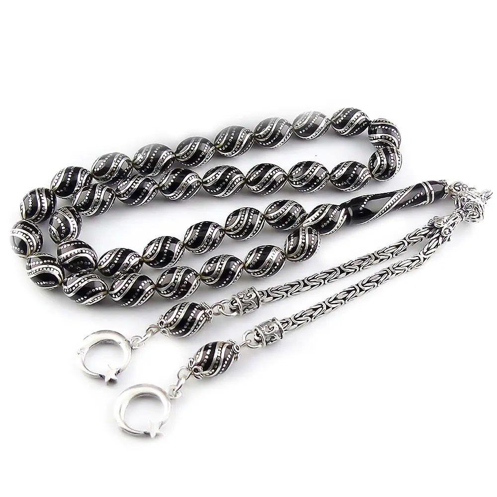 Çeşmi Bülbül Silver Engraved Usta Handcrafted Erzurum Oltu Stone Prayer Beads