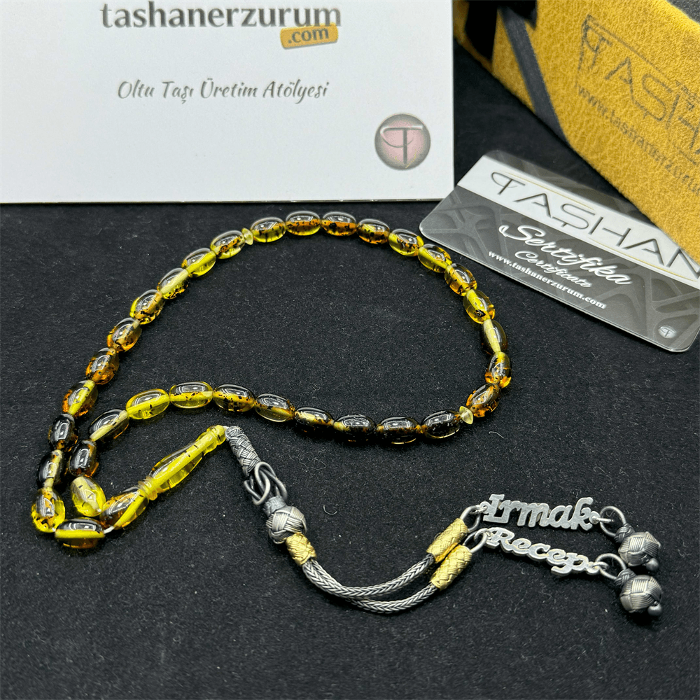 1000 Carat Top Kazaz Tasseled Barley Cut Dense Fossil Yellow Drop Amber Rosary