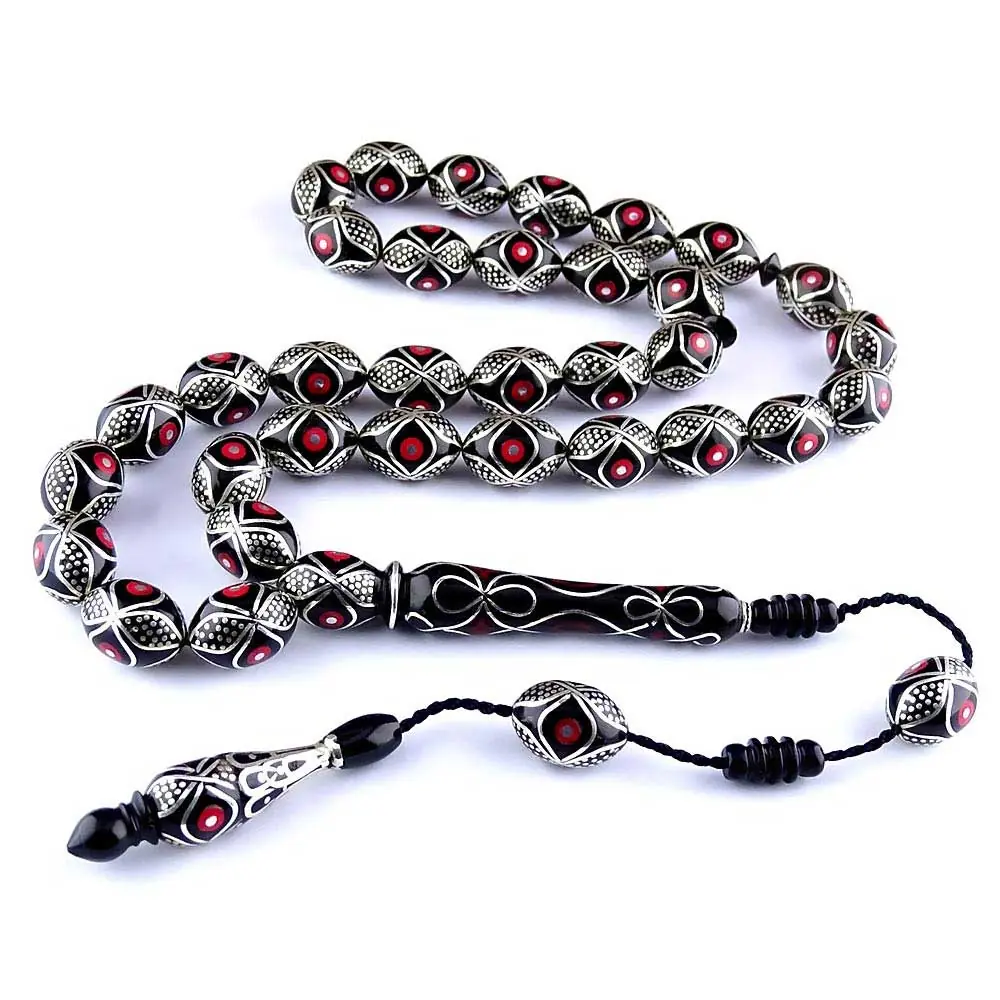 Silver Coral Engraved Koleksiyonluk Special Design Handcrafted Erzurum Oltu Stone Prayer Beads