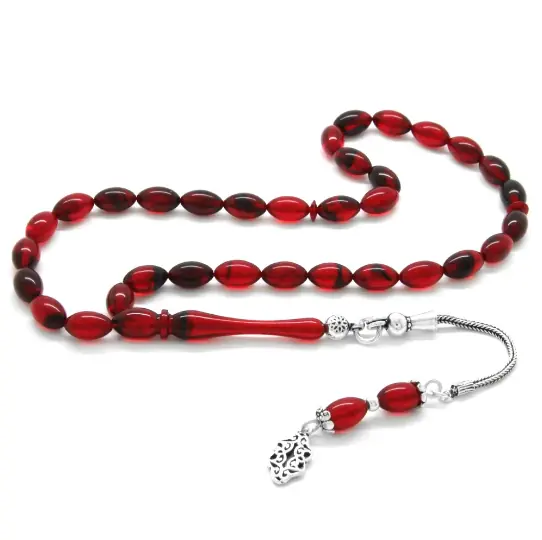 925 K Silver Tasselled Red-Siyah Fire Amber Prayer Beads