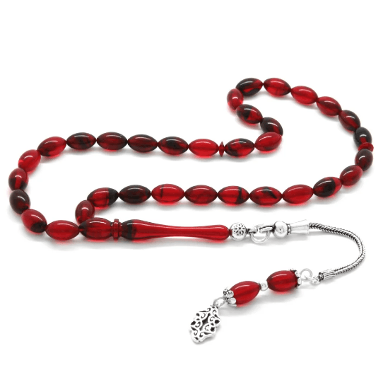 Red-Black Fire Amber Rosary with 925 Sterling Silver Tassels