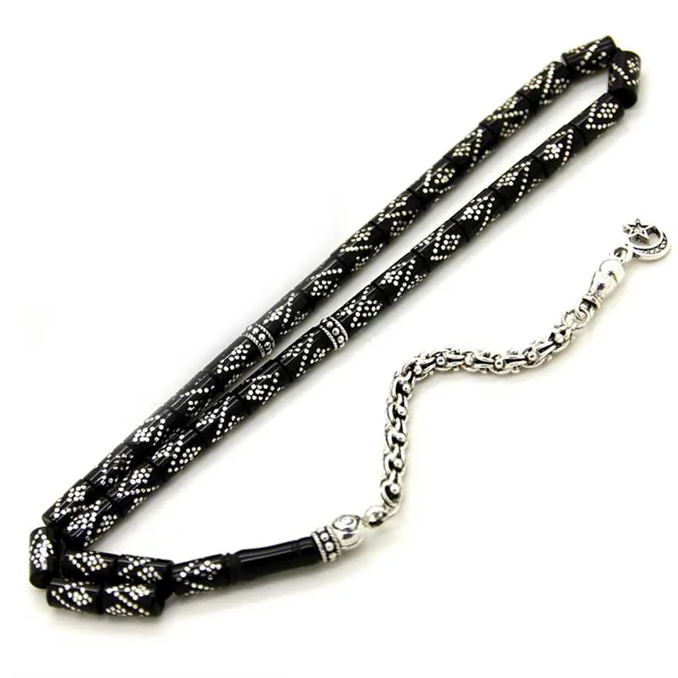 Silver Baklava Engraved Kesme Erzurum Oltu Stone Prayer Beads