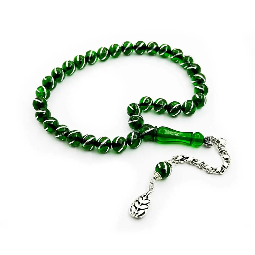 Silver Yarma Engraved Handcrafted Green Fire Amber Prayer Beads
