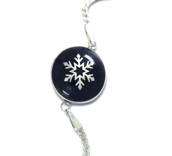 Snow Flake Patterned Oltu Stone Silver Women's Bracelet