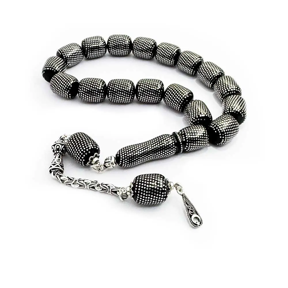 Yoğun Silver Çeşmi Bülbül Engraved Capsule Cut Kumpaslı Craftsmanship 17 li Erzurum Oltu Stone Efe Prayer Beads