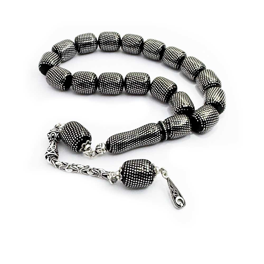 Intense Silver Fountain Nightingale Embroidered Capsule Cut Caliper Workmanship 17 pcs Erzurum Oltu Stone Efe Rosary