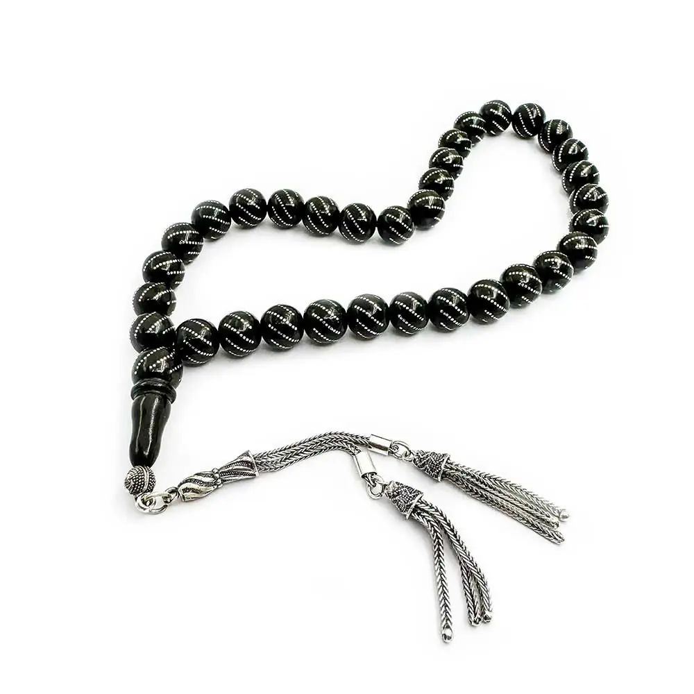 Silver Inlay Çeşmi Bülbül Engraved Erzurum Oltu Stone Prayer Beads
