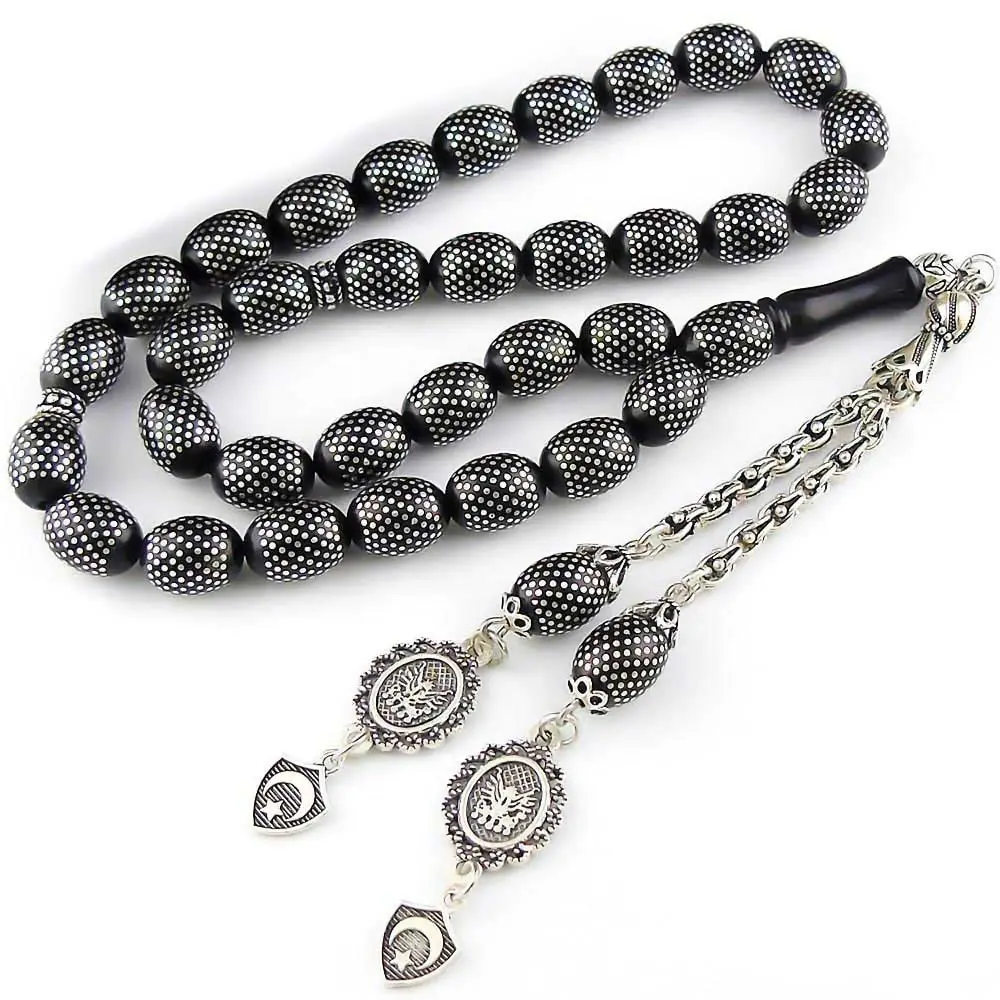 Yoğun Silver Engraved Oxidized Erzurum Oltu Stone Prayer Beads