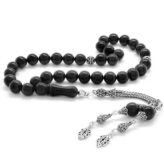 925 K Silver Tasselled Sphere Cut İri Bead Erzurum Oltu Stone Prayer Beads