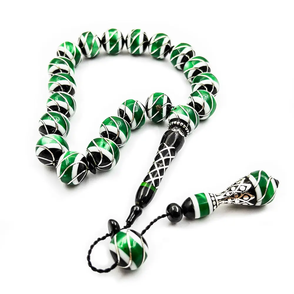 Silver & Green Amber Engraved 17 li Erzurum Oltu Stone Efe Stres Prayer Beads
