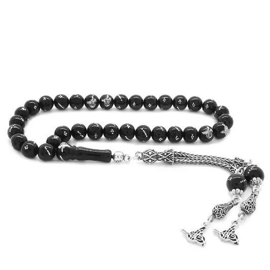 Silver Tughra Tasselled Silver Tughra Engraved Erzurum Oltu Stone Prayer Beads